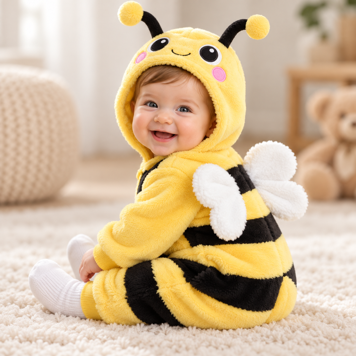 Baby wearing a yellow bee hooded romper