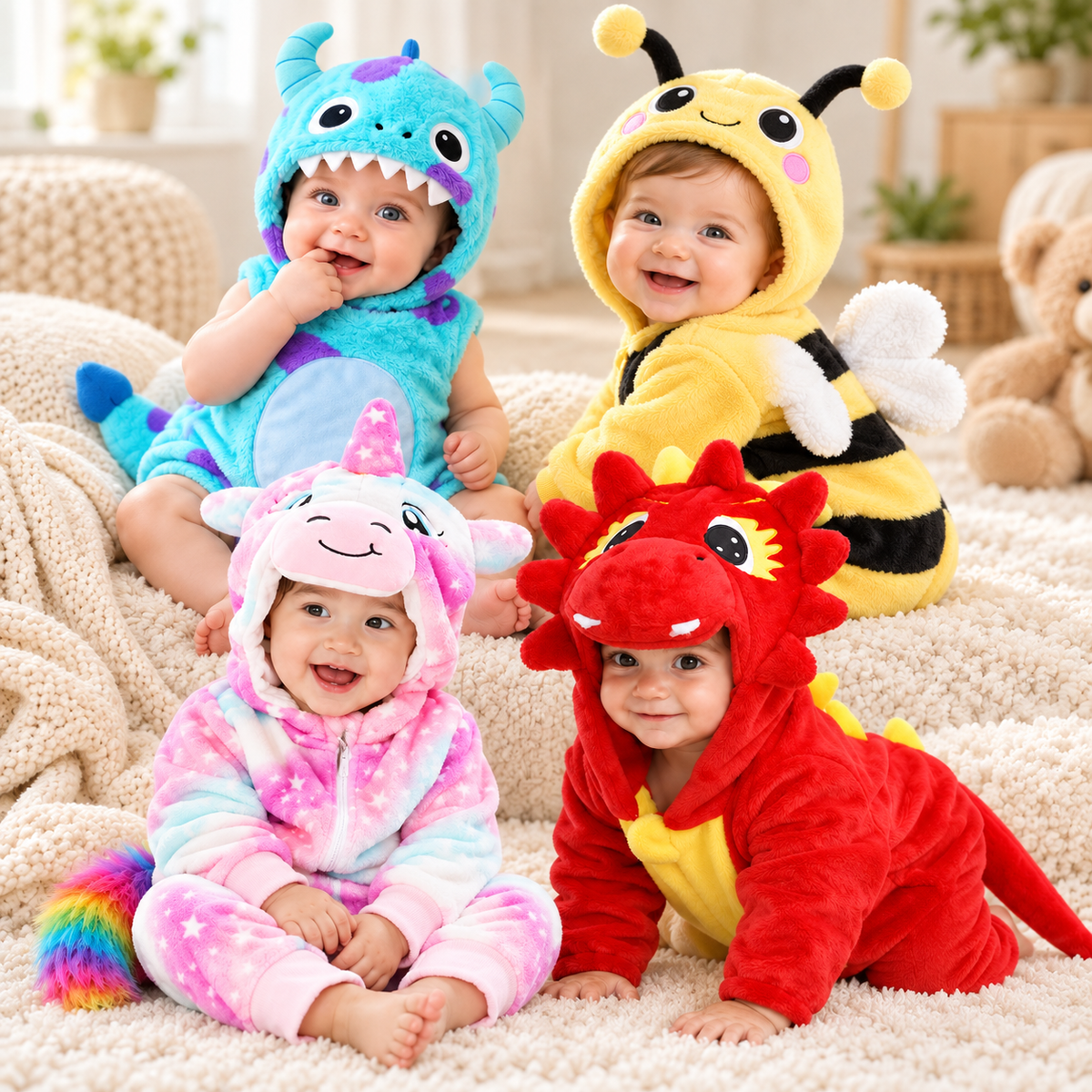 Animal hooded romper styles shown together