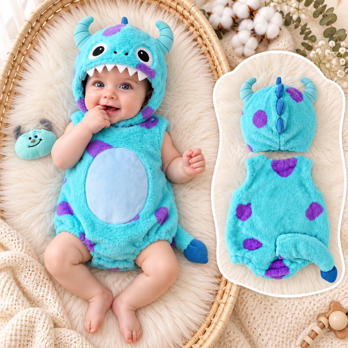 Blue monster hooded baby romper