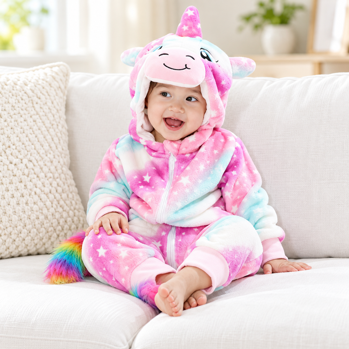 Pink unicorn hooded baby romper